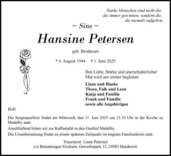 Traueranzeige von Hansine Petersen von Region Flensburg