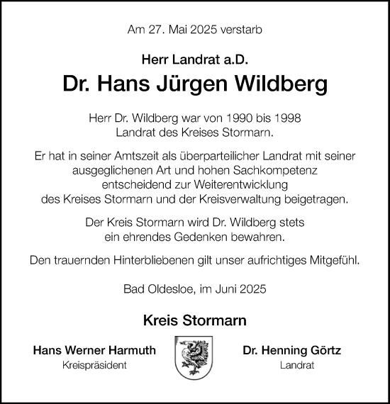 Traueranzeige von Hans Jürgen Wildberg von MARKT Bad Oldesloe/Reinfeld und Stormarner Tageblatt