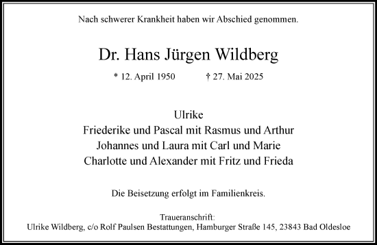 Traueranzeige von Hans Jürgen Wildberg von MARKT Bad Oldesloe/Reinfeld und Stormarner Tageblatt