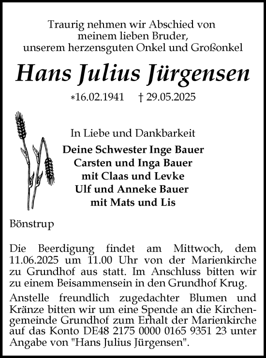 Traueranzeige von Hans Julius Jürgensen von Flensburger Tageblatt