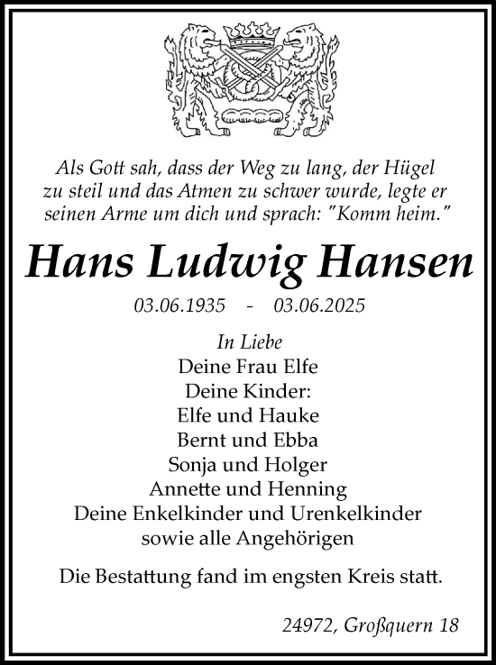 Traueranzeige von Hans Ludwig Hansen von Flensburger Tageblatt