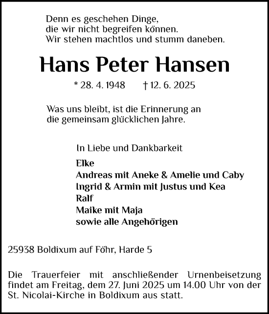 Traueranzeige von Hans Peter Hansen von Der Insel-Bote