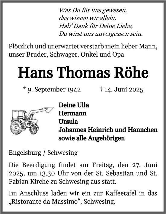 Traueranzeige von Hans Thomas Röhe von Husumer Nachrichten, Nordfriesland Tageblatt
