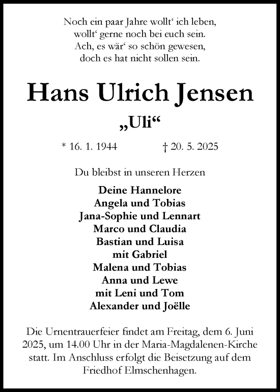 Traueranzeige von Hans Ulrich Jensen von Flensburger Tageblatt