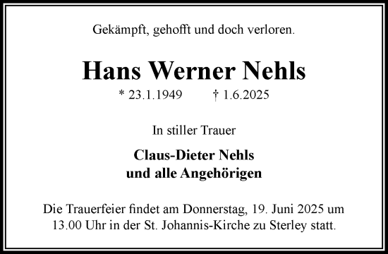 Traueranzeige von Hans Werner Nehls von MARKT Ratzeburg/Mölln