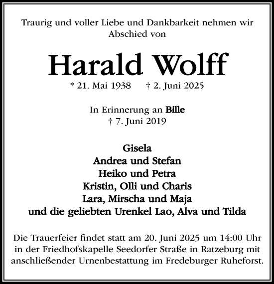 Traueranzeige von Harald Wolff von MARKT Ratzeburg/Mölln