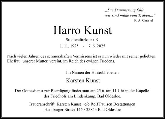 Traueranzeige von Harro Kunst von MARKT Bad Oldesloe/Reinfeld und Stormarner Tageblatt