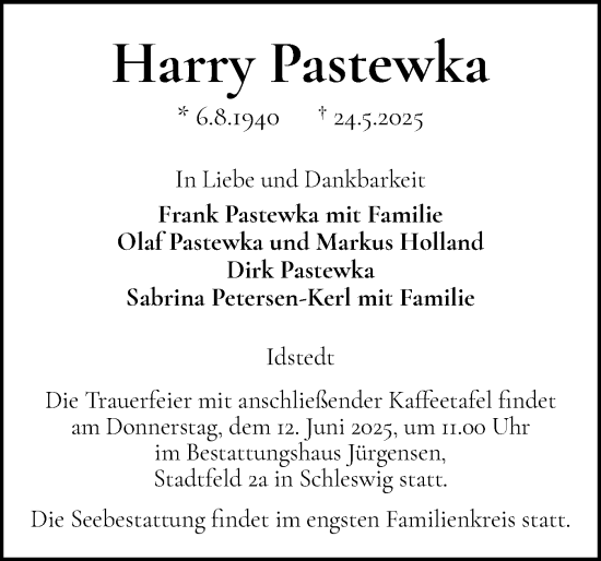 Traueranzeige von Harry Pastewka von Schleswiger Nachrichten, Schlei-Bote