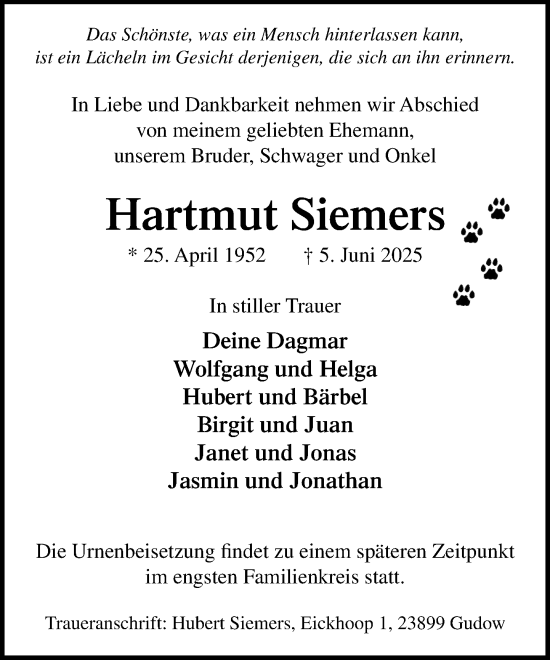 Traueranzeige von Hartmut Siemers von MARKT Ratzeburg/Mölln