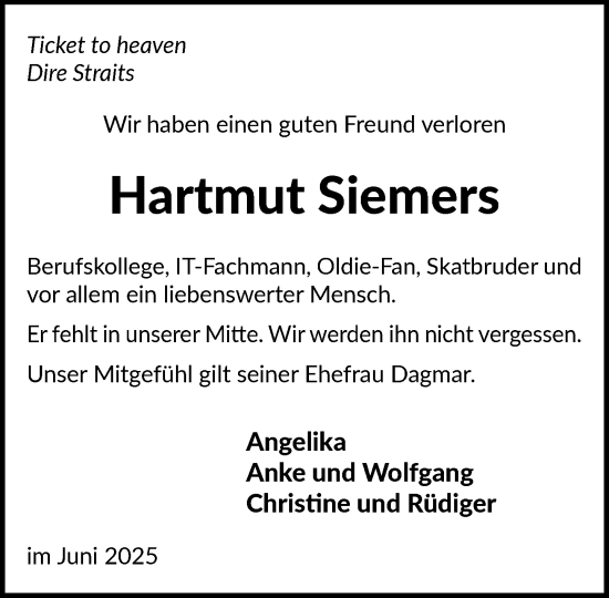 Traueranzeige von Hartmut Siemers von MARKT Ratzeburg/Mölln