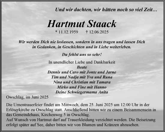 Traueranzeige von Hartmut Staack von Schleswig-Holsteinische Landeszeitung