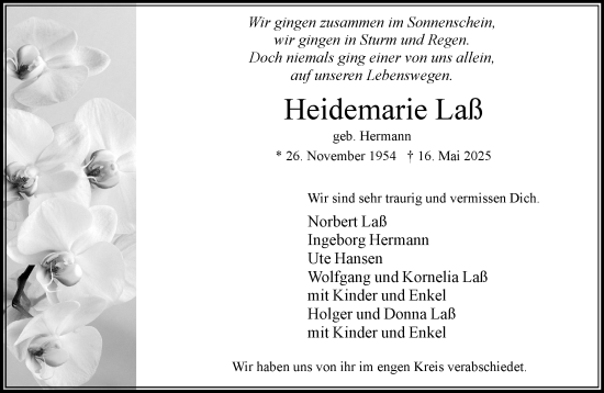 Traueranzeige von Heidemarie Laß von MARKT Bad Oldesloe/Reinfeld und Stormarner Tageblatt