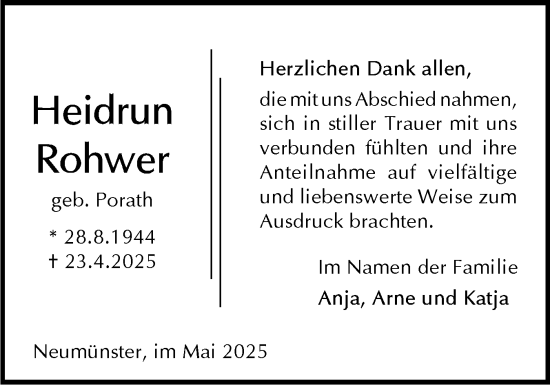 Traueranzeige von Heidrun Rohwer von Holsteinischer Courier