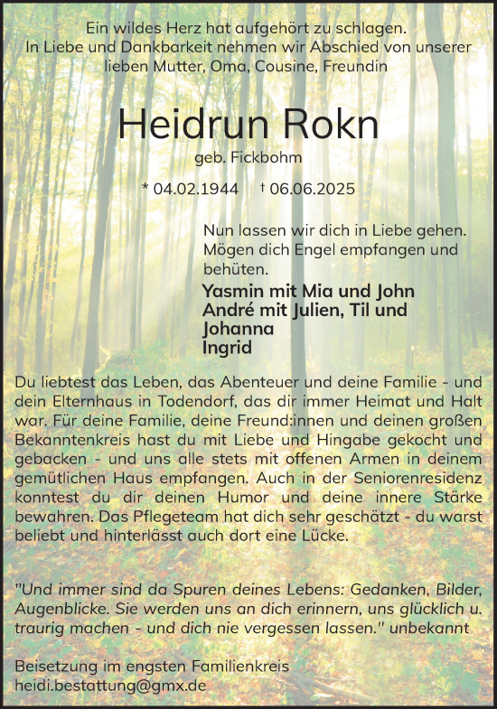 Traueranzeige von Heidrun Rokn von Stormarner Tageblatt