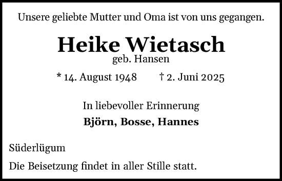 Traueranzeige von Heike Wietasch von Husumer Nachrichten, Nordfriesland Tageblatt