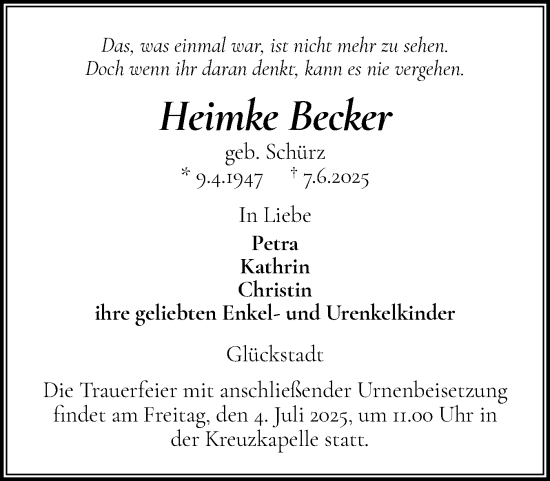 Traueranzeige von Heimke Becker von Norddeutsche Rundschau, Wilstersche Zeitung, Glückstädter Fortuna