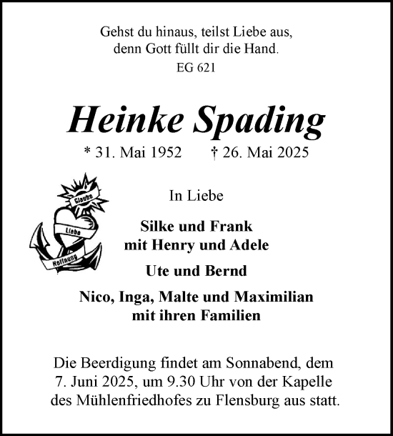Traueranzeige von Heinke Spading von Flensburger Tageblatt