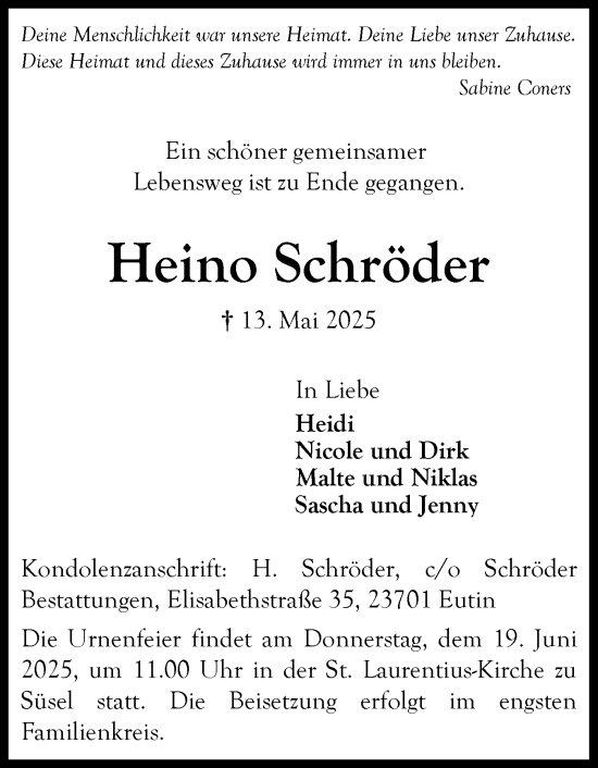 Traueranzeige von Heino Schröder von Ostholsteiner Anzeiger