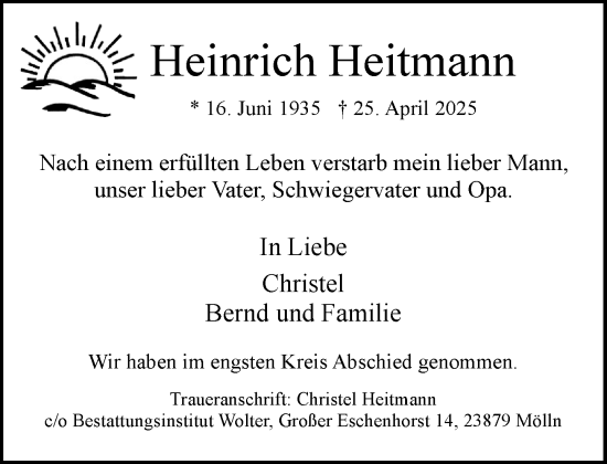 Traueranzeige von Heinrich Heitmann von MARKT Ratzeburg/Mölln