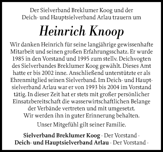 Traueranzeige von Heinrich Knoop von Husumer Nachrichten, Nordfriesland Tageblatt