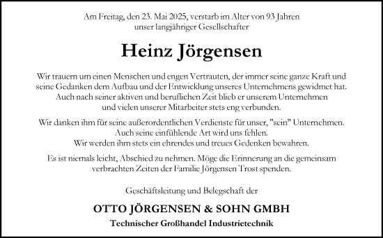 Traueranzeige von Heinz Jörgensen von Flensburger Tageblatt