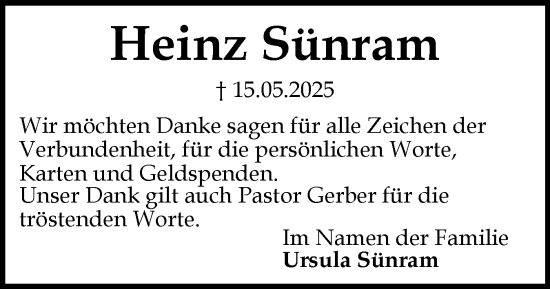 Traueranzeige von Heinz Sünram von Flensburger Tageblatt