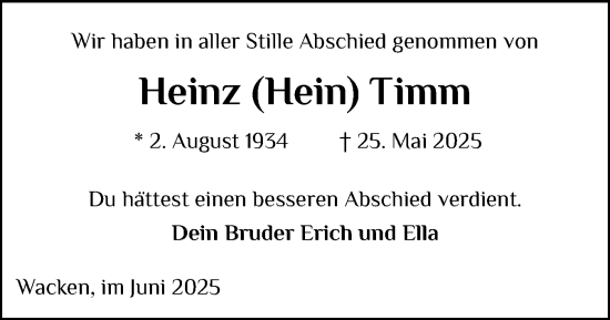Traueranzeige von Heinz Timm von Norddeutsche Rundschau, Wilstersche Zeitung, Glückstädter Fortuna