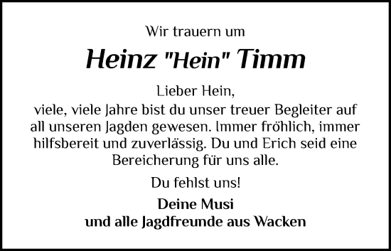 Traueranzeige von Heinz Timm von Norddeutsche Rundschau, Wilstersche Zeitung, Glückstädter Fortuna