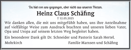 Traueranzeige von Heinz Claus Schäfing von Flensburger Tageblatt, Schleswiger Nachrichten, Schlei-Bote