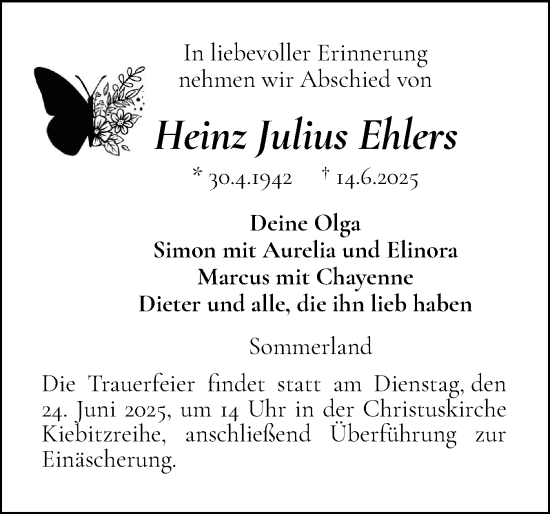 Traueranzeige von Heinz Julius Ehlers von Region Steinburg-Elmshorn