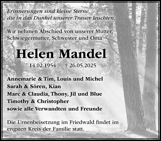 Traueranzeige von Helen Mandel von Umschau