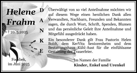 Traueranzeige von Helene Frahm von Schleswig-Holsteinische Landeszeitung