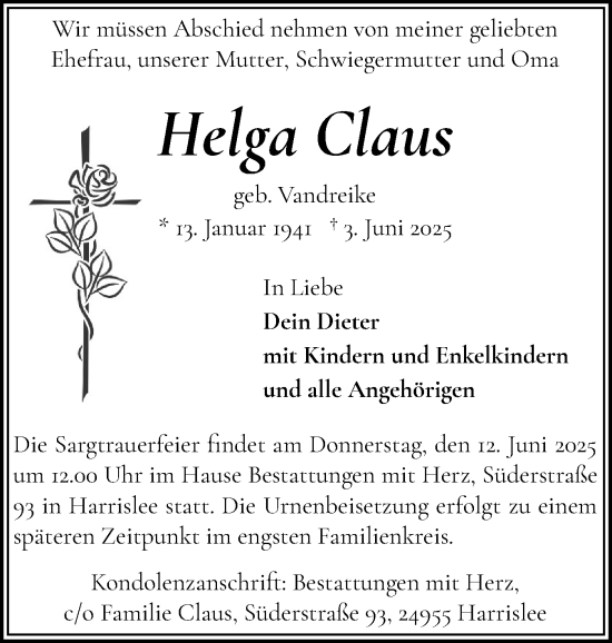 Traueranzeige von Helga Claus von Flensburger Tageblatt
