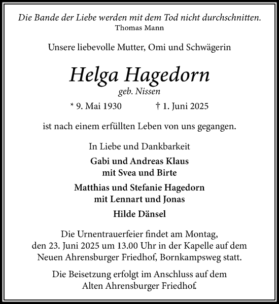 Traueranzeige von Helga Hagedorn von MARKT Ahrensburg/Bargteheide/Trittau und Stormarner Tageblatt
