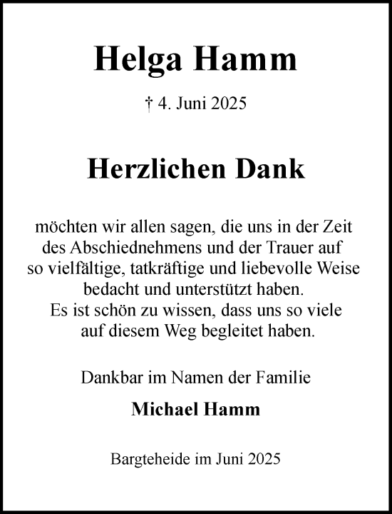 Traueranzeige von Helga Hamm von MARKT Ahrensburg/Bargteheide/Trittau und Stormarner Tageblatt