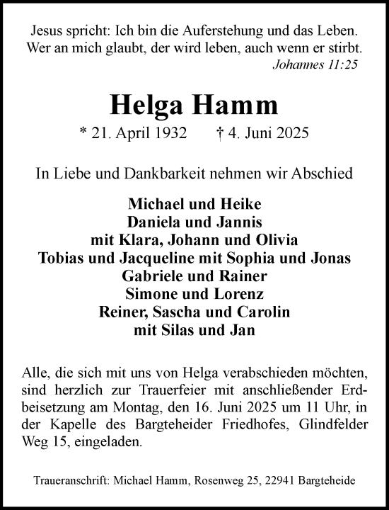 Traueranzeige von Helga Hamm von MARKT Ahrensburg/Bargteheide/Trittau und Stormarner Tageblatt