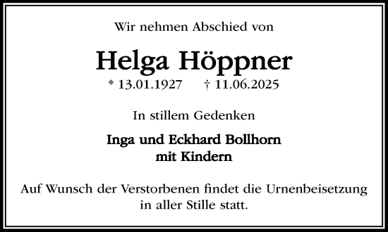 Traueranzeige von Helga Höppner von Wochenend Anzeiger