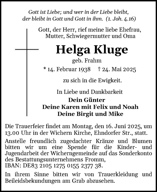 Traueranzeige von Helga Kluge von Holsteinischer Courier