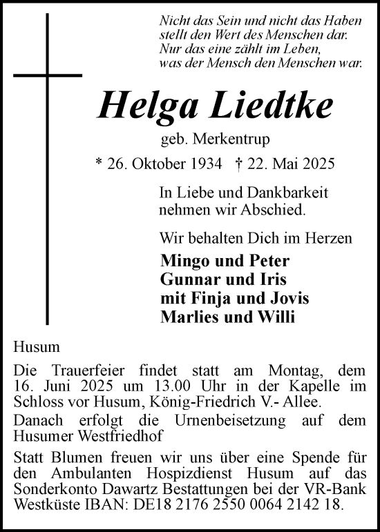 Traueranzeige von Helga Liedtke von Husumer Nachrichten, Nordfriesland Tageblatt