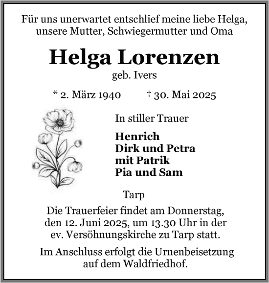 Traueranzeige von Helga Lorenzen von Flensburger Tageblatt