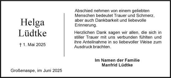 Traueranzeige von Helga Lüdtke von Holsteinischer Courier
