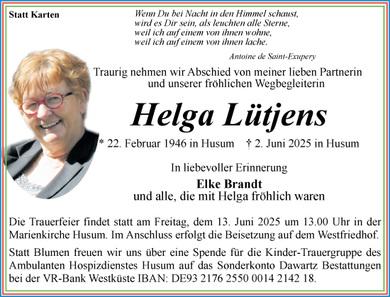 Traueranzeige von Helga Lütjens von Husumer Nachrichten, Nordfriesland Tageblatt