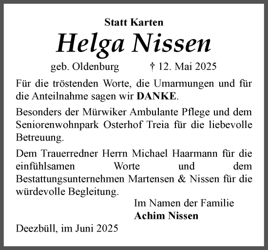 Traueranzeige von Helga Nissen von Husumer Nachrichten, Nordfriesland Tageblatt