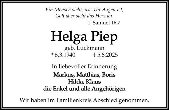 Traueranzeige von Helga Piep von MARKT Ratzeburg/Mölln