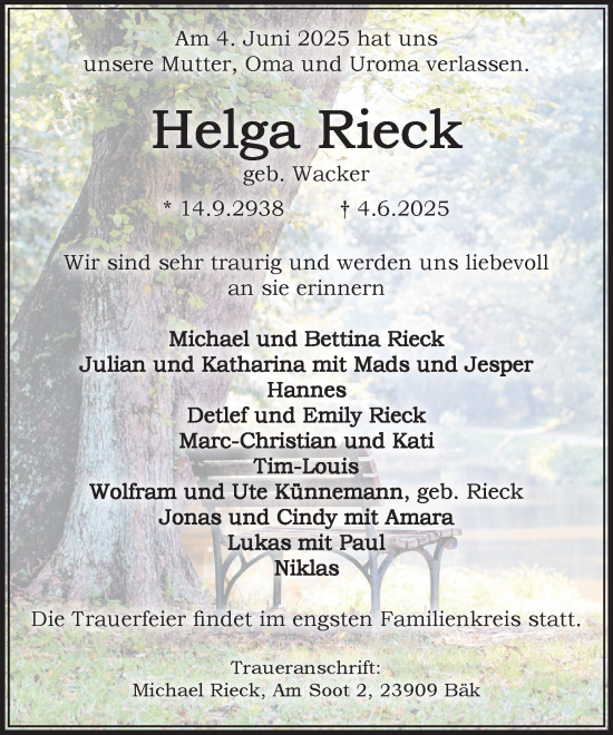 Traueranzeige von Helga Rieck von MARKT Ratzeburg/Mölln