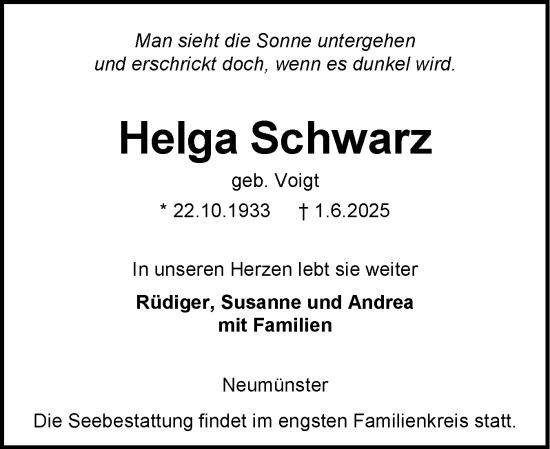 Traueranzeige von Helga Schwarz von Holsteinischer Courier