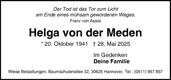 Traueranzeige von Helga von der Meden von Sylter Rundschau