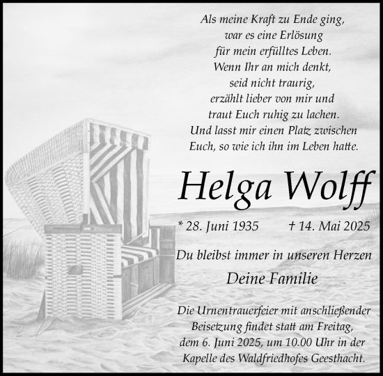 Traueranzeige von Helga Wolff von Wochenend Anzeiger