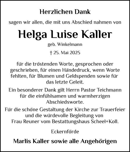 Traueranzeige von Helga Luise Kaller von Eckernförder Zeitung, Hallo Eckernförde