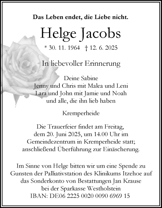 Traueranzeige von Helge Jacobs von Norddeutsche Rundschau, Wilstersche Zeitung, Glückstädter Fortuna